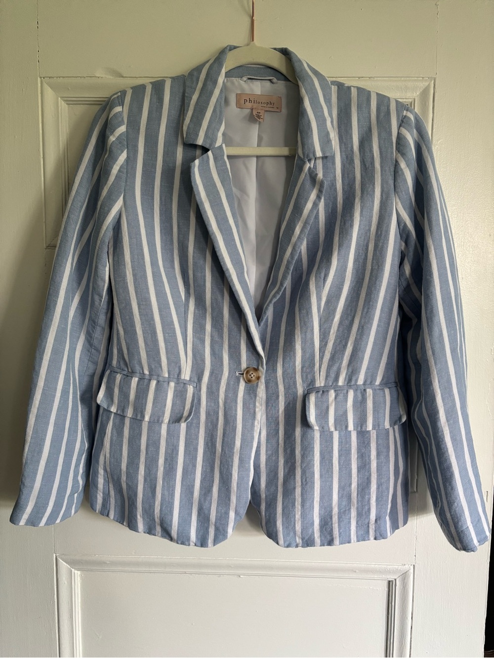 Philosophy Blue and White Vertical Stripe Blazer